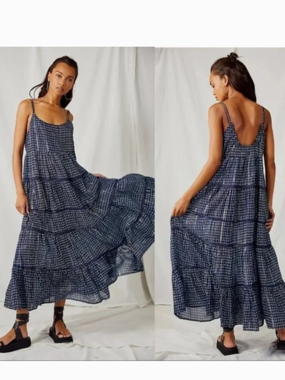 NWT Free People Intimately Midnight Dance Tiered Maxi Dress Eclipse Combo Blue S